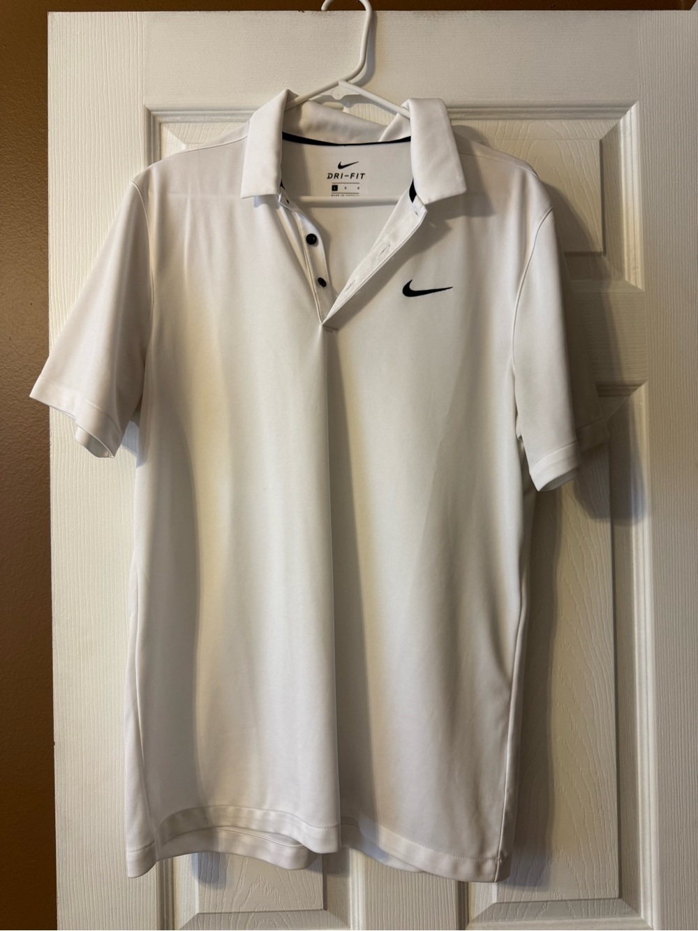 Nike White Men's Dri-FIT Polo with Black Swoosh